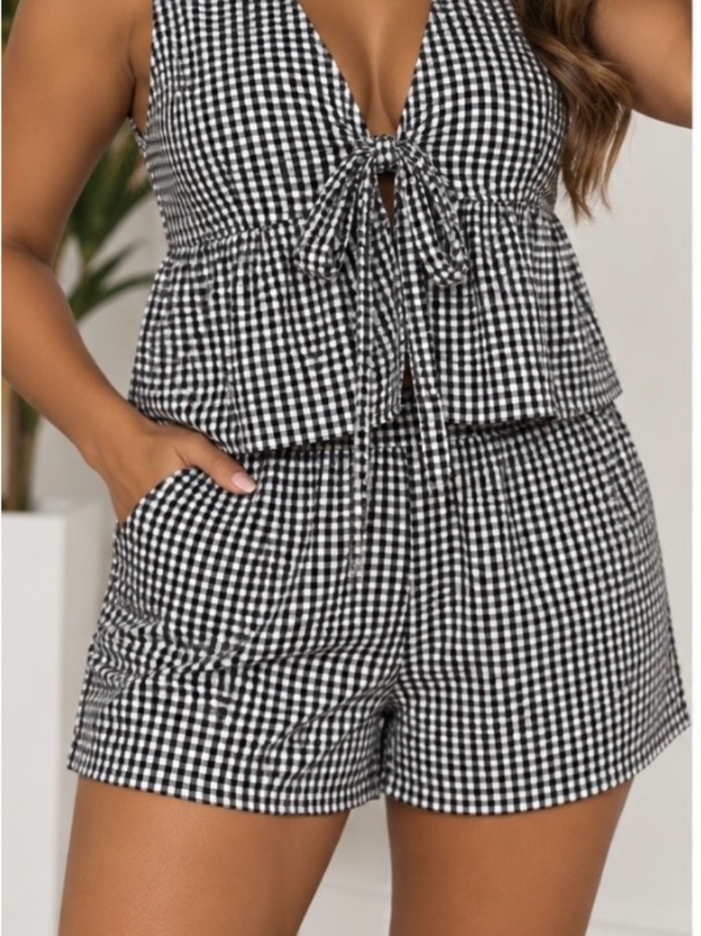 Black Gingham Tie-Front Sleeveless Top & Shorts Set